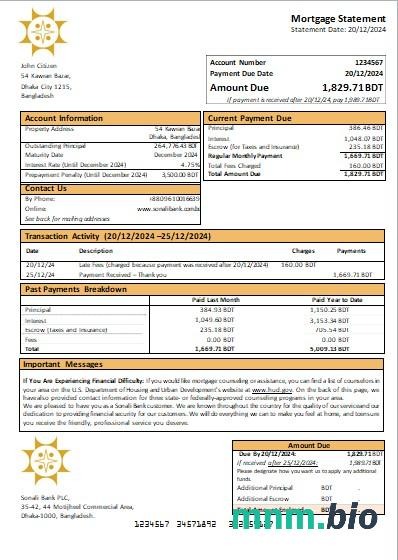 Bangladesz Bank Sonali wyciąg z kredytu hipotecznego szablon Word i PDF